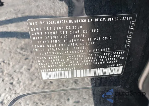 2021 Volkswagen Tiguan 2.0T S from USA, damaged, VIN 3VV1B7AX6MM054345